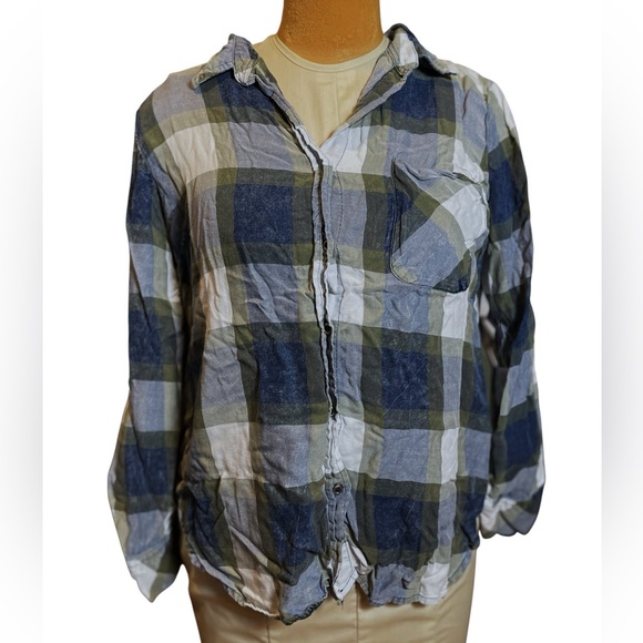 Billy T Tops - Blue and Green Plaid button down top shirt by Billy T Size L large